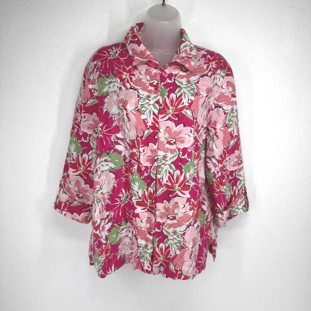 Vintage Pink Floral 100% Linen Button Shirt 3/4 Sleeve Womens Size 12 Resortwear